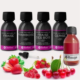 Confezione di 4 aromi naturali ai frutti rossi 50 ml, colorante rosso 30 ml + 1 pipetta in omaggio | Neroliane